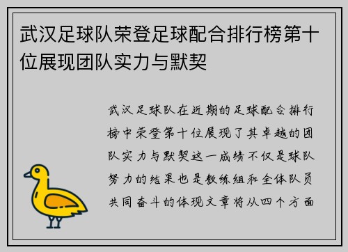 武汉足球队荣登足球配合排行榜第十位展现团队实力与默契